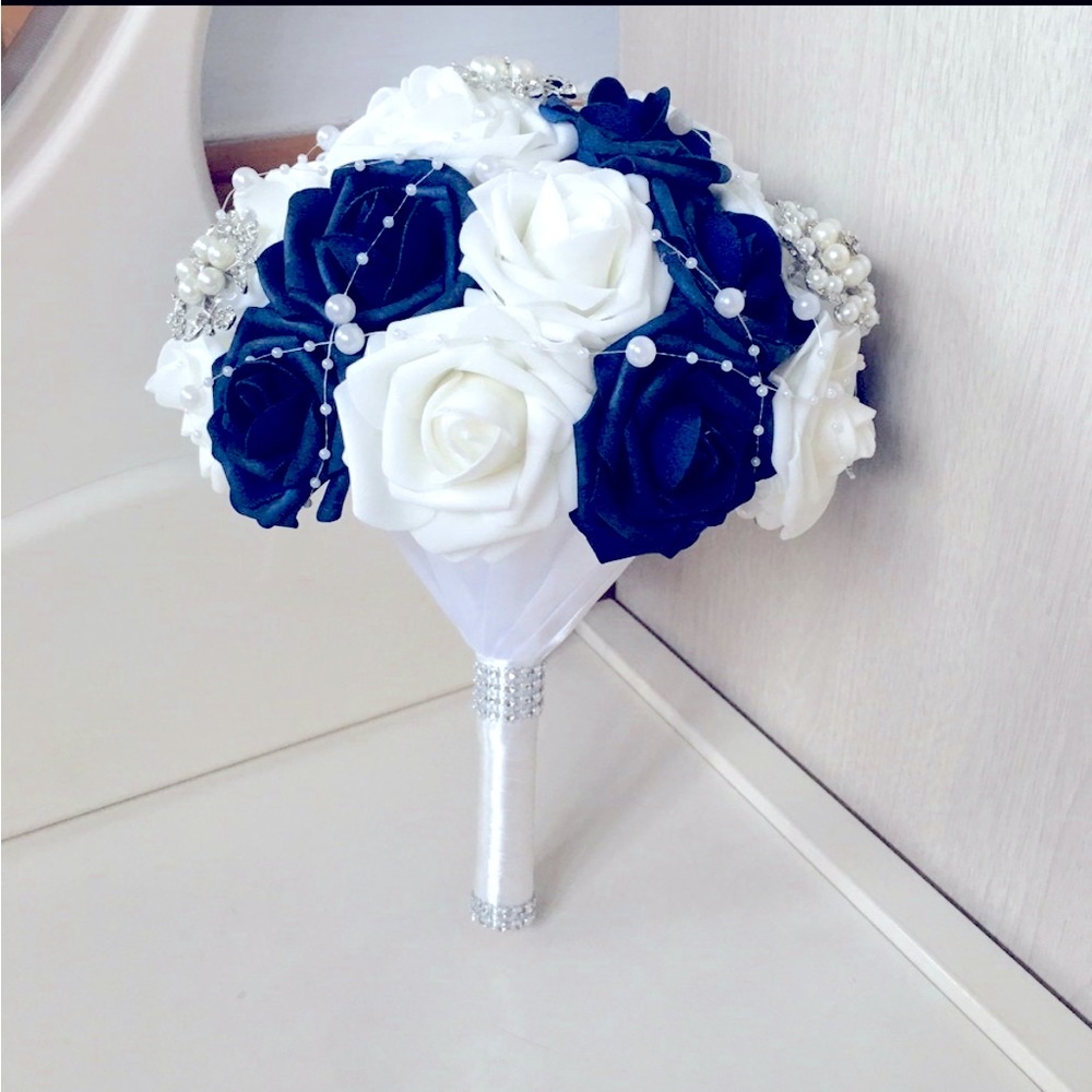 Navy Blue Wedding Bouquet Crystal Pins Bridal Bouquet